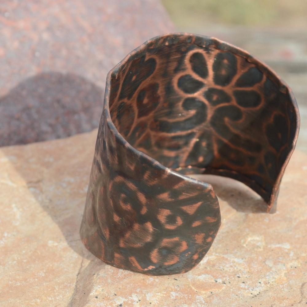 Batik Floral Wide Cuff Copper Bracelet Handmade - Picture 7 of 8
